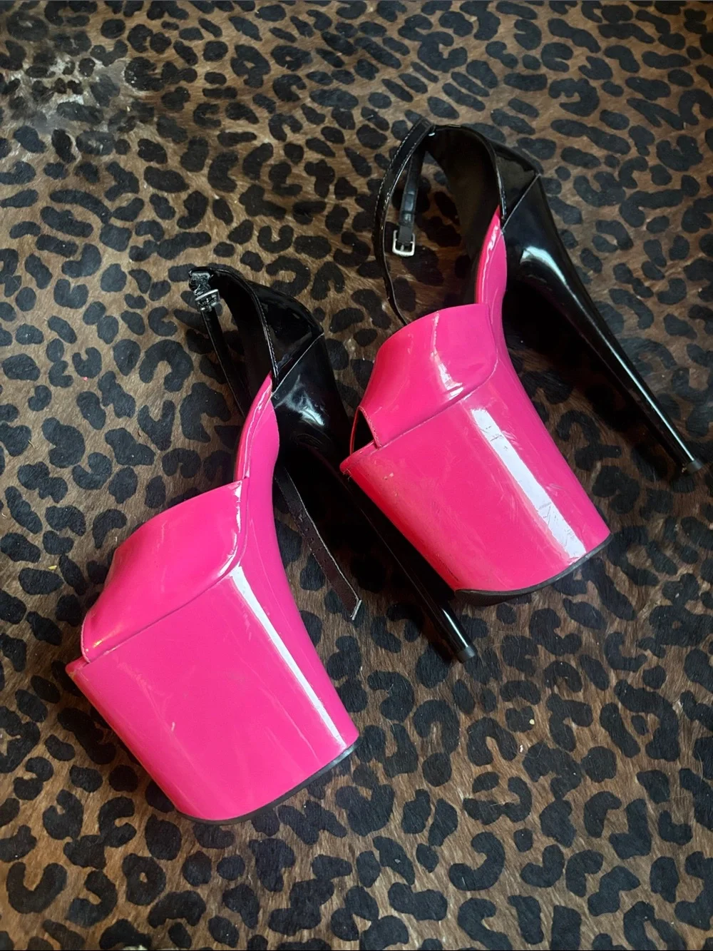 Pleaser Platform Peep-Toe Heels in Hot Pink with Black Ankle Strap 8 Inch
